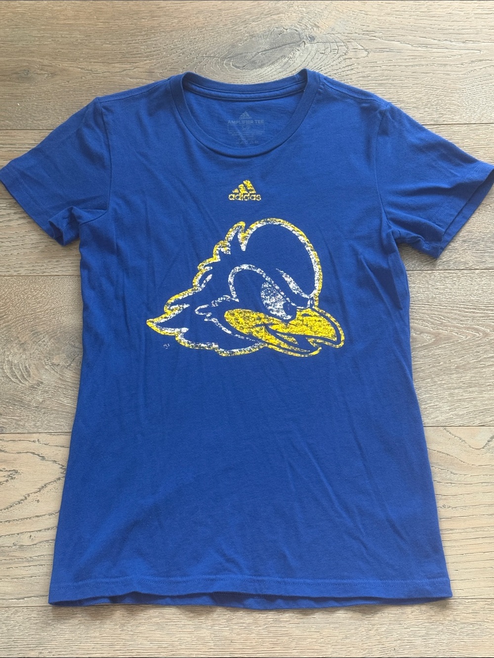 Adidas UD Royal Blue Tee w/ Yellow & White Distressed Blue Hen Graphic-Small